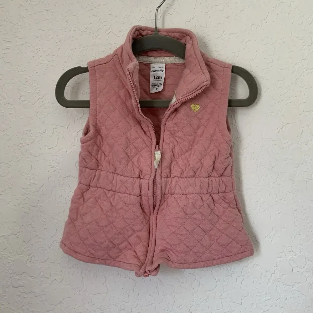 Carters Vest Baby Girl 12 Months Quilted‎ Pink Rose Full Zip Sleeveless Coquette